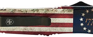 Templar Knife SBRF331 1776 Gen II Small 2.69" OTF Drop Point Plain Black Oxide Stonewashed Black 440C SS Blade/4.31" Betsy Ross Flag Aluminum Handle Features Glass Breaker Includes Pocket Clip/Sheath