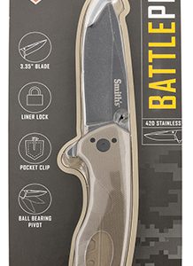 Smiths Products 50995 BattlePlan  3.35" Folding Drop Point Plain Black Stonewashed 400 SS Blade/ Desert Tan G10 Handle Includes Pocket Clip