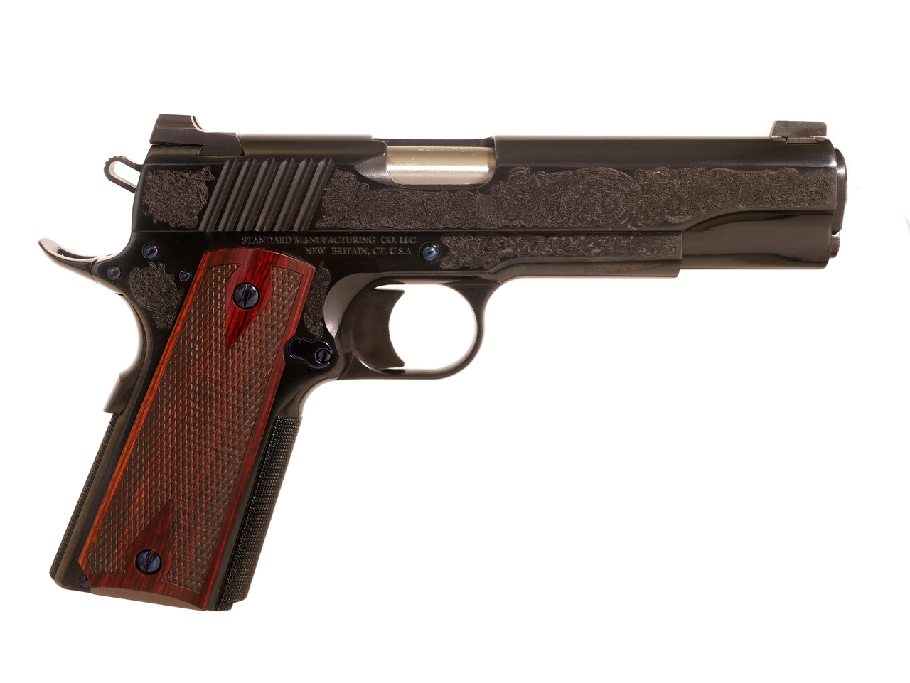 Standard Manufacturing 1911 Pistol - Blued Finish | .45ACP | 5" Barrel | 7rd | Rosewood Grips | Custom Engraved