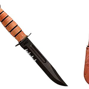 Ka-Bar 1218 USMC Fight/Utility 7" Fixed Clip Point Part Serrated Black 1095 Cro-Van Blade. Brown Leather Handle. Includes Sheath