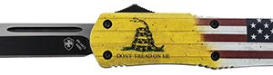 Templar Knife LDTOM231 Don't Tread on Me Gen II Large 3.50" OTF Tanto Plain Black 440C SS Blade Red,White,Blue,Yellow Zinc Aluminum Alloy Handle Features Glass Breaker/Pocket Clip