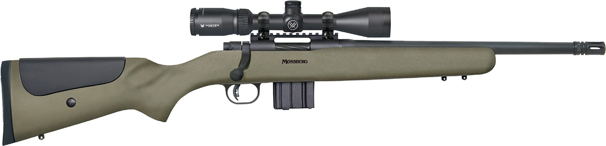 MOSSBERG MVP PATROL .300 AAC BLACKOUT 16.25IN BARREL MEDIUM BULL RIFLE SIGHTS 10RD MAGAZINE THREADED WITH A2 FLASH SUPPRESSOR OD GREEN STOCK WITH ADJUSTABLE CHEEK RISER AND VORTEX 3-9X40 SCOPE INSTALLED MATTE BLUE TALO 27706