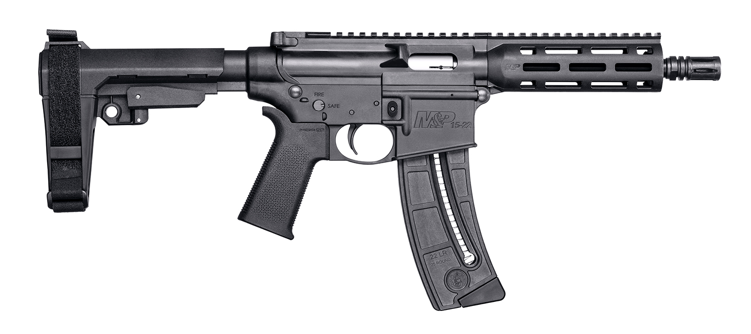 Smith & Wesson 13321 M&P15 Pistol 22 LR 8" Black Carbon Steel Barrel 25+1, Black SB Tactical SBA3 Adjustable Arm Brace Stock, Black Magpul MOE Grip, Manual Safety, Optics Ready