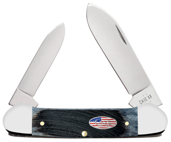 Case 53065 Canoe Stars & Stripes Folding Plain Edge 1.97 Pen/2.60" Spear Point, Mirror Polished Stainless Steel Blade, Jigged Gray Bone Handle, American Flag Shield