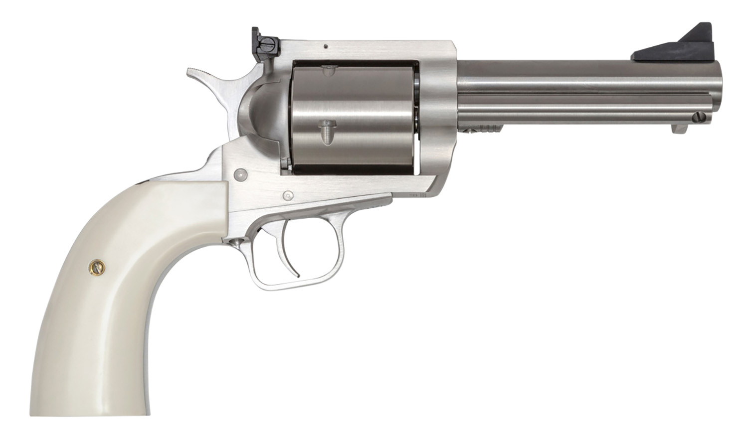 Magnum Research BFR44MAG5B6 BFR Short Cylinder 44 Rem Mag 6 Shot, 5" Brushed Stainless Steel Barrel, Cylinder & Frame, White Polymer Grip, Hammer Safety, Exposed Hammer