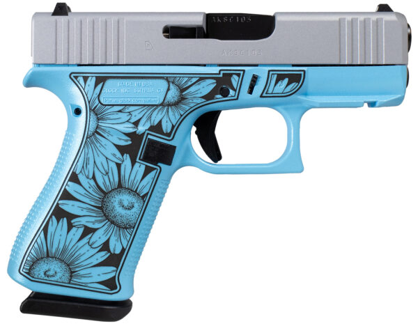 Glock UX4350204FRDAISYBLUE G43X FR Miss Daisy Slim Sub-Compact Frame 9mm 10+1 3.41" Black GMB Barrel, Serrated Steel Slide, Blue Cerakote Polymer Frame w/Black Daisy Laser Engraving Grip, Front Rail
