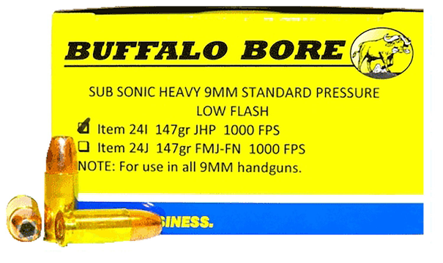 Buffalo Bore Ammunition 24I20 Subsonic Strictly Business 9mmLuger Subsonic 147gr Jacketed Hollow Point 20 Per Box/12 Case