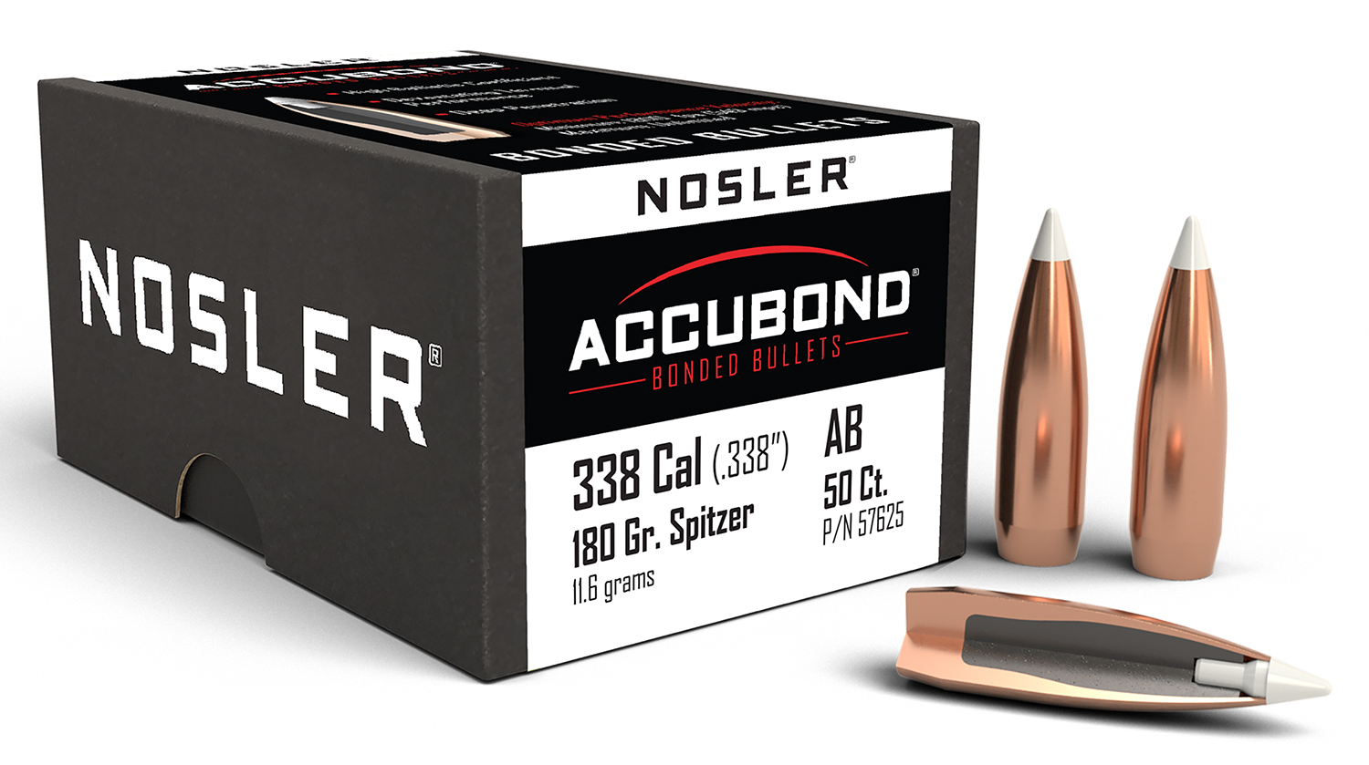 Nosler 57625 AccuBond 338Cal 180gr Spitzer Point Boat Tail 50/Box