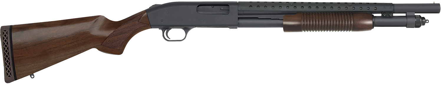 Mossberg 52151 590 Retrograde 12 Gauge Pump 3" 6+1 18.50" Matte Blued Heat Shield Barrel, Matte Blued Stainless Steel Drilled & Tapped Receiver, Walnut Fixed Stock, Cylinder Bore Choke