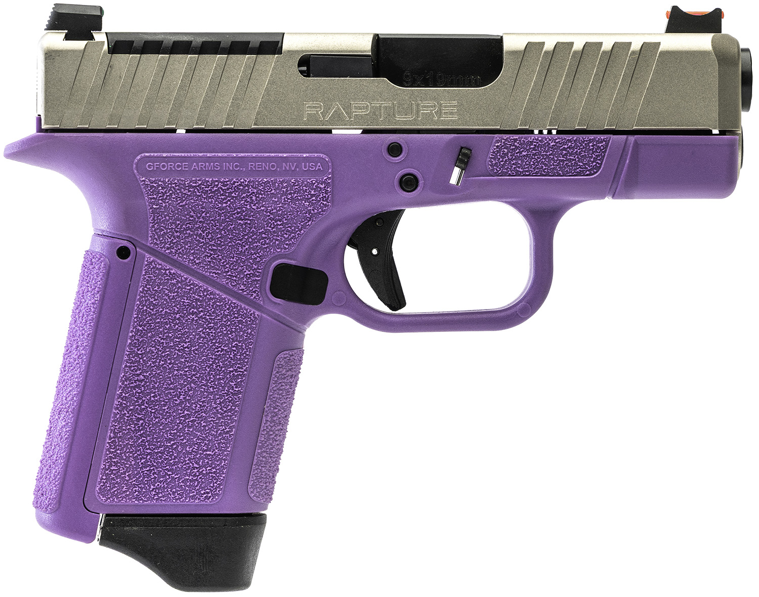 Gforce Arms GF932512PUN Rapture Sub-Compact Frame 9mm Luger 12+1 3.25" Black Steel Barrel, Nickel Steel Optic Cut/Serrated Slide, Purple Cerakote Polymer Frame, Shield RMSc/RMR Footprint