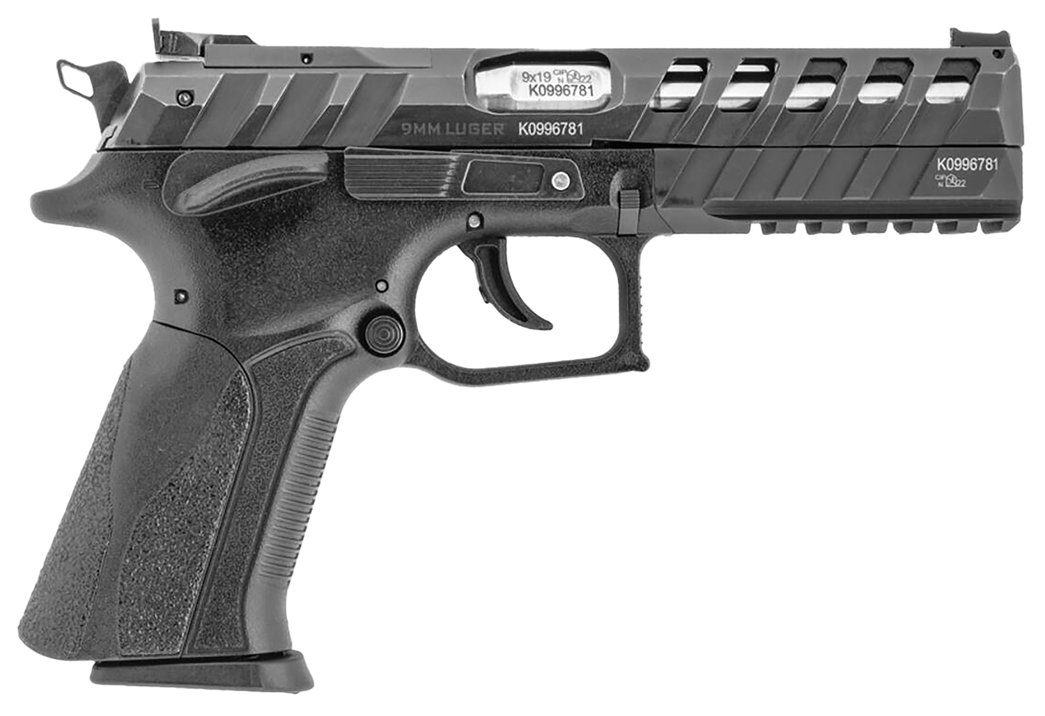 Grand Power 8588005808514 X-Calibur CO Mk23 Match 9mm Luger 15+1 4.80" Stainless Barrel, Black Steel Lightening Cut/Optic Cut/Serrated Slide, Black Steel Frame w/Picatinny Rail, Black Textured Grip
