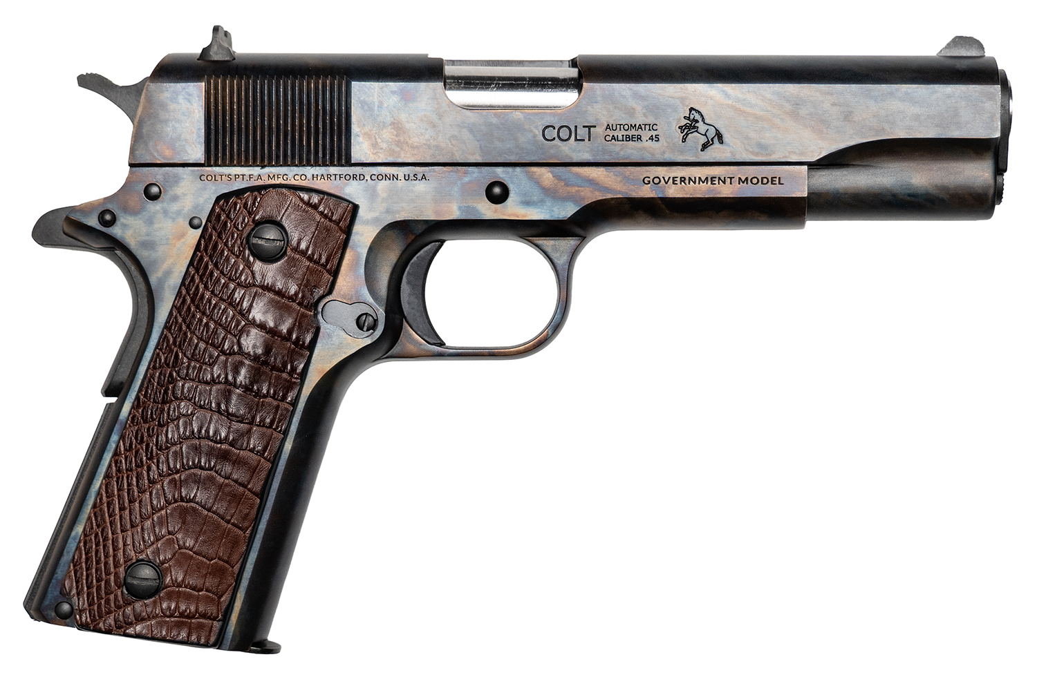 Cnc Firearms CNCLINEAGE Colt Government Lineage 45 ACP 7+1 5" Stainless Match Grade Barrel, Color Case Hardened Stainless Steel Serrated Slide & Frame, Chocolate Alligator Grip