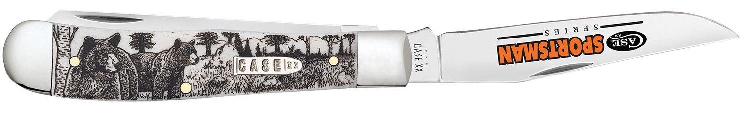 Case 81223 Sportsman Trapper 3.24" Clip/3.27"Spey Folding Plain Mirror Polished Tru-Sharp SS Blade, Bear Wildlife Engraving Natural Bone Handle