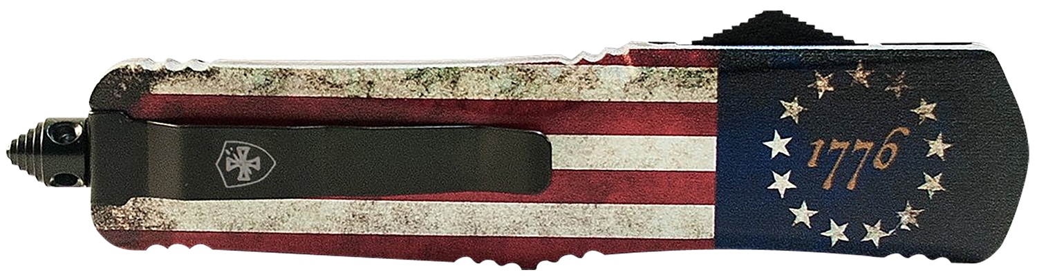 Templar Knife MBRF331 Gen II Betsy Ross Flag Slim 3.43" OTF Drop Point Plain Black Oxide Stonewashed Black 440C SS Blade, 5.05" Betsy Ross Flag Aluminum Handle Glass Breaker