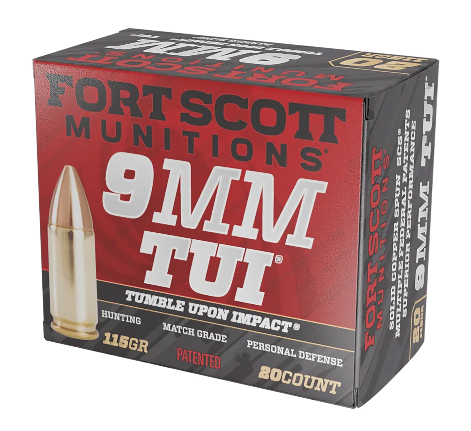 Fort Scott Munitions 9MM115SCV Tumble Upon Impact (TUI) 9mmLuger 115gr Solid Copper Spun 20 Per Box/25 Case