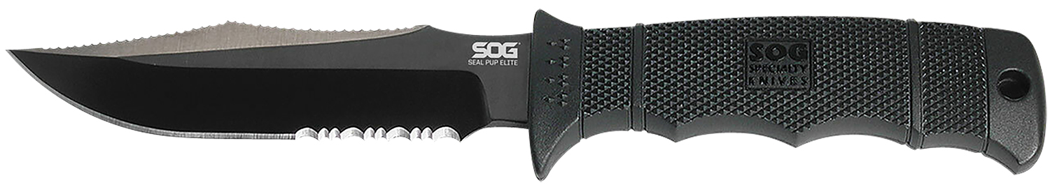 S.O.G SOGE37TK Seal Pup Elite 4.85" Fixed Clip Point Part Serrated Black Hardcased TiCN AUS-8A SS Blade/Black w/Grip Lines GRN Handle Includes Lanyard/Sheath
